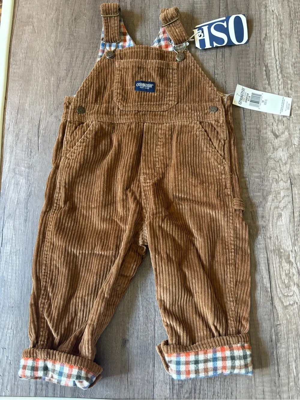 Vintage 2000s Y2K Oshkosh B’Gosh Vestbak Overalls Bibs Tan Corduroy Plaid NWT